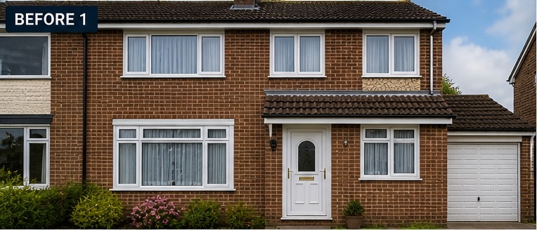 Different house front with white uPVC windows before replacement