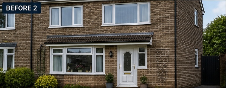 Third house front with white uPVC windows before replacement